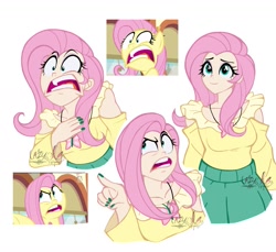 Size: 1555x1424 | Tagged: safe, artist:lazy-ale, imported from derpibooru, screencap, fluttershy, human, pegasus, pony, buckball season, angry, clothes, faic, female, fingernails, humanized, jewelry, nail polish, necklace, open mouth, pointing, scene interpretation, screencap reference, simple background, skirt, smiling, white background, yelling
