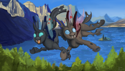Size: 3840x2160 | Tagged: source needed, safe, artist:toisanemoif, imported from derpibooru, oc, oc only, oc:coxa, oc:mimesis, changeling, anisocoria, changeling oc, detailed background, elytra, fangs, flying, gay, heart, holding hooves, lake, male, mountain, mountain range, open mouth, red changeling, romantic, smiling, tree, wallpaper, water