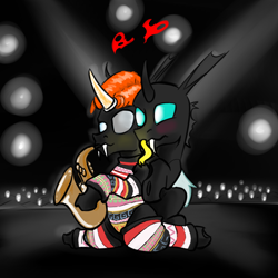 Size: 3000x3000 | Tagged: safe, artist:fumalunga, imported from derpibooru, oc, oc only, oc:coxa, oc:mimesis, changeling, anisocoria, blushing, changeling oc, clothes, david bowie, fangs, gay, glowing, glowing tongue, heart, hug, looking at each other, looking at someone, male, musical instrument, no source available, red changeling, saxophone, spandex, stage, tongue out, wig