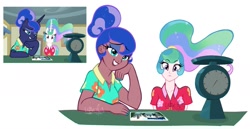 Size: 1705x878 | Tagged: safe, artist:lazy-ale, imported from derpibooru, screencap, princess celestia, princess luna, alicorn, human, pony, between dark and dawn, clothes, dark skin, desk, duo, ethereal mane, eyeshadow, female, hawaiian shirt, humanized, lidded eyes, makeup, nail polish, ponytail, royal sisters, scale, scene interpretation, screencap reference, shirt, siblings, simple background, sisters, white background