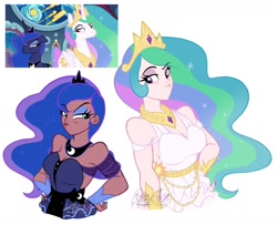 Size: 1798x1463 | Tagged: safe, artist:lazy-ale, imported from derpibooru, screencap, princess celestia, princess luna, alicorn, human, pony, sparkle's seven, bare shoulders, big breasts, breasts, busty princess celestia, busty princess luna, cleavage, clothes, crown, dark skin, dress, duo, eyeshadow, female, grumpy, hand on hip, height difference, humanized, jewelry, light skin, lipstick, makeup, peytral, pouting, regalia, royal sisters, scene interpretation, screencap reference, siblings, sideboob, simple background, sisters, skin, white background