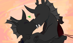 Size: 1474x865 | Tagged: safe, artist:testostepone, imported from derpibooru, oc, oc only, oc:coxa, oc:mimesis, changeling, abstract background, blue changeling, changeling oc, eyes closed, fangs, gay, heart, kissing, male, no source available, red changeling