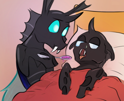 Size: 1010x823 | Tagged: safe, artist:testostepone, imported from derpibooru, oc, oc only, oc:coxa, oc:mimesis, changeling, anisocoria, bed, blanket, caring for the sick, changeling oc, fangs, medicine, no source available, open mouth, pillow, scrunchy face, sick, spoon, tongue out