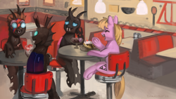 Size: 3840x2160 | Tagged: safe, artist:toisanemoif, imported from derpibooru, oc, oc only, oc:ace shot, oc:coxa, oc:maxilla, oc:mimesis, changeling, pony, banana split, blonde, blonde mane, blue changeling, chair, changeling oc, cherry, chocolate, david bowie, detailed background, diner, fangs, food, group photo, ice cream, makeup, malt shop, pink changeling, pink coat, red changeling, smiling, table, talking to each other, wallpaper, wig