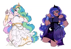 Size: 1471x1025 | Tagged: safe, artist:lazy-ale, imported from derpibooru, princess celestia, princess luna, human, bracelet, breasts, busty princess celestia, busty princess luna, clothes, crown, dress, duo, ethereal mane, eyeshadow, female, hair over one eye, humanized, jewelry, lipstick, makeup, nail polish, peytral, regalia, royal sisters, siblings, simple background, sisters, white background