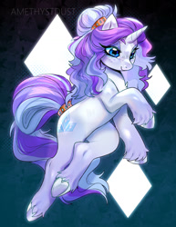 Size: 1000x1295 | Tagged: safe, artist:amethystdust, imported from ponybooru, oc, oc only, pony, unicorn, abstract background, eyeshadow, female, freckles, horn, makeup, mare, smiling, solo, suggestive source, tail wrap, unshorn fetlocks