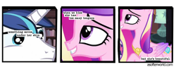 Size: 720x275 | Tagged: safe, edit, edited screencap, imported from ponybooru, screencap, princess cadance, queen chrysalis, shining armor, changeling, unicorn, a canterlot wedding, a softer world, comic, disguise, disguised changeling, female, screencap comic, smiling, uneasy