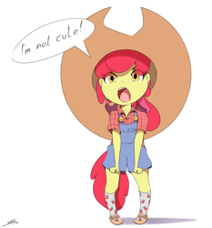 Size: 2800x3000 | Tagged: safe, artist:skitsroom, imported from derpibooru, apple bloom, human, equestria girls, adorabloom, blatant lies, clothes, cowboy hat, cute, dialogue, hat, high res, humanized, i'm not cute, mary janes, open mouth, oversized hat, shoes, signature, simple background, socks, solo, speech bubble, stetson, tail, tailed humanization, weapons-grade cute, white background