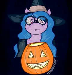 Size: 2382x2480 | Tagged: safe, artist:badmovieknight, imported from derpibooru, izzy moonbow, pony, unicorn, g5, glasses, halloween, hat, holiday, jack-o-lantern, my little pony: a new generation, pumpkin, solo, witch, witch hat