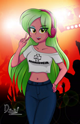 Size: 1464x2265 | Tagged: safe, artist:danielitamlp, imported from derpibooru, lemon zest, human, equestria girls, friendship games, bare shoulders, belly button, casual, clothes, concert, crowd, female, hand on hip, headphones, looking at you, midriff, off shoulder, open mouth, pants, peace sign, rammstein, shirt, solo focus