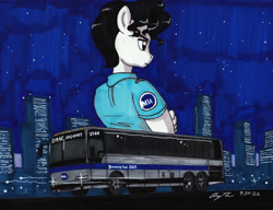 Size: 1280x983 | Tagged: safe, artist:newyorkx3, imported from derpibooru, oc, oc only, oc:tommy, anthro, earth pony, bedroom eyes, bus, city, clothes, male, night, shirt, solo, traditional art