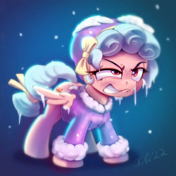 Size: 1872x1872 | Tagged: safe, artist:xbi, imported from derpibooru, cozy glow, pegasus, pony, frenemies (episode), abstract background, angry, annoyed, badass, blue background, bow, clothes, cold, cool, cozy glow is best facemaker, cozy glow is not amused, eyebrows, faic, female, foal, gradient background, gritted teeth, hat, ice, jacket, mare, shadow, signature, simple background, snow, solo, tabun art-battle finished after, teeth, unamused, winter, winter jacket
