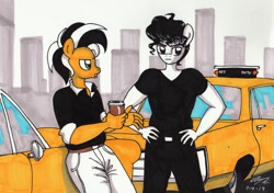 Size: 1280x902 | Tagged: safe, artist:newyorkx3, imported from derpibooru, oc, oc only, oc:tommy, anthro, earth pony, bedroom eyes, clothes, coffee cup, cup, duo, duo male, male, pants, shirt, taxi, traditional art
