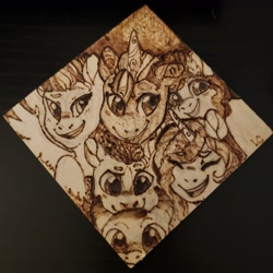 Size: 3024x3024 | Tagged: safe, artist:lightningchaserarts, imported from derpibooru, hitch trailblazer, izzy moonbow, pipp petals, sunny starscout, alicorn, dragon, earth pony, pegasus, pony, unicorn, g5, my little pony: a new generation, pyrography, sparky sparkeroni, traditional art