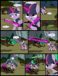 Size: 1042x1358 | Tagged: safe, artist:dendoctor, imported from derpibooru, mean twilight sparkle, twilight sparkle, alicorn, pony, timber wolf, comic:clone.., alternate universe, bag, clone, comic, energy blast, energy sword, everfree forest, female, g4, glowing, glowing horn, horn, magic, mare, saddle bag, scratches, skyrim, sword, tent, the elder scrolls, twilight sparkle (alicorn), weapon