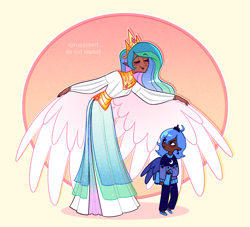 Size: 2500x2271 | Tagged: safe, artist:syrupyyy, imported from derpibooru, princess celestia, princess luna, human, book, clothes, crown, dark skin, denim, dress, duo, ear piercing, earring, eyes closed, female, humanized, jeans, jewelry, pants, piercing, ponytober, regalia, royal sisters, siblings, sisters, size difference, sweater, winged humanization, wings