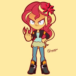 Size: 2250x2250 | Tagged: safe, artist:theratedrshimmer, imported from derpibooru, sunset shimmer, human, equestria girls, angry, annoyed, chibi, cross-popping veins, emanata, female, frown, fuck you, hand on hip, high res, middle finger, signature, simple background, solo, vulgar, yellow background