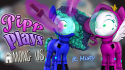 Size: 1920x1080 | Tagged: safe, artist:pika-robo, imported from derpibooru, pipp petals, pegasus, pony, unicorn, series:pipp plays, 3d, :3, among us, clothes, cosplay, costume, crewmate, duo, fake thumbnail, female, frown, g4, g5, g5 to g4, gamer pipp, generation leap, imminent death, impostor, knife, let's play, levitation, looking at each other, looking at someone, magic, mare, misty brightdawn, smiling, source filmmaker, spacesuit, spread wings, telekinesis, wavy mouth, wings, youtube thumbnail