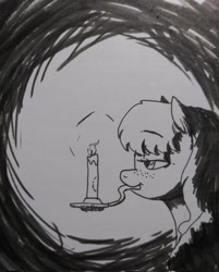 Size: 1645x2048 | Tagged: safe, artist:pony quarantine, imported from derpibooru, oc, oc only, oc:bo, earth pony, pony, bite mark, candle, female, freckles, grayscale, mare, monochrome, mouth hold, solo, traditional art