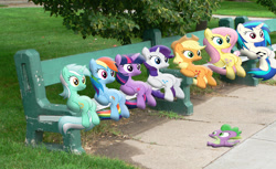 Size: 1024x627 | Tagged: safe, artist:willyvwj, imported from derpibooru, applejack, dj pon-3, fluttershy, lyra heartstrings, rainbow dash, rarity, spike, twilight sparkle, vinyl scratch, dragon, pony, bench, irl, photo, ponies in real life, sitting, sitting lyra, squished