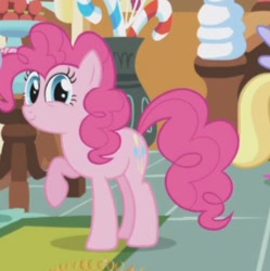 Size: 373x374 | Tagged: safe, imported from derpibooru, screencap, pinkie pie, earth pony, pony, griffon the brush off, season 1, female, happy, hooves, mare, photo, raised hoof, smiling, smirk, solo