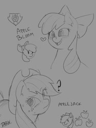 Size: 768x1024 | Tagged: safe, artist:dbw, imported from derpibooru, apple bloom, applejack, earth pony, pony, adorabloom, apple sisters, blushing, cute, female, filly, foal, heart, mare, open mouth, question mark, siblings, sisters, sketch