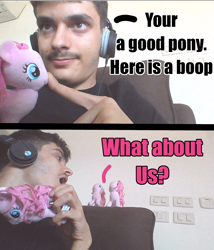 Size: 1200x1400 | Tagged: safe, imported from derpibooru, pinkie pie, earth pony, human, pony, boop, brony, caption, comic, couch, female, grammar error, headphones, image macro, irl, irl human, male, mare, meme, photo, shocked, solo, text