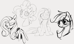 Size: 1663x990 | Tagged: safe, artist:dotkwa, imported from derpibooru, fluttershy, pinkie pie, rainbow dash, earth pony, pegasus, pony, bust, eyes closed, female, gray background, grayscale, mare, monochrome, pinkamena diane pie, simple background, sketch, sketch dump, smiling