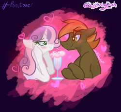 Size: 2037x1874 | Tagged: safe, artist:slightningdash, imported from derpibooru, button mash, sweetie belle, earth pony, pony, unicorn, blushing, bust, female, in love, looking at each other, looking at someone, male, mare, milkshake, older, older button mash, older sweetie belle, portrait, ship, shipping, smiling, smiling at each other, stallion, straight, sweetiemash