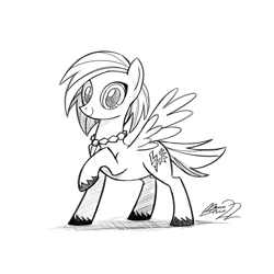 Size: 1200x1200 | Tagged: safe, artist:mellodillo, imported from derpibooru, oc, oc only, pegasus, pony, black and white, female, grayscale, jewelry, looking at you, mare, monochrome, necklace, signature, simple background, smiling, smiling at you, solo, spread wings, unshorn fetlocks, white background, wings