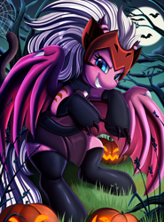 Size: 2950x3984 | Tagged: safe, artist:pridark, imported from derpibooru, oc, oc only, unnamed oc, bat pony, pony, bat pony oc, bat wings, catra, clothes, commission, cosplay, costume, female, full moon, giggling, grin, halloween, high res, holiday, moon, netflix, night, night sky, she-ra and the princesses of power, sitting, sky, smiling, solo, spread wings, wings