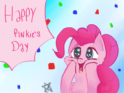 Size: 1600x1200 | Tagged: safe, artist:ermecg, imported from derpibooru, pinkie pie, earth pony, pony, cute, female, g4, hoof on face, mare, party, pinkie pie day, solo, squee, squishy cheeks, text, wingding eyes