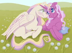 Size: 1280x950 | Tagged: safe, artist:universal-heart, imported from derpibooru, pegasus, pony, unicorn, cloven hooves, dandelion, female, male, mare, pillow, solo, stallion