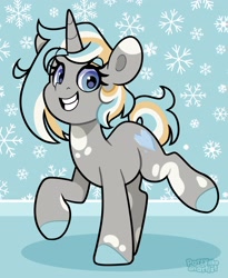 Size: 3226x3933 | Tagged: safe, artist:partylikeanartist, imported from derpibooru, oc, oc only, pony, unicorn, coat markings, female, grin, looking at you, mare, smiling, smiling at you, snow, snowflake, solo, standing on two hooves