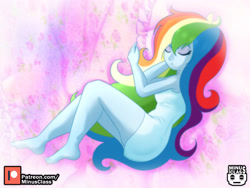 Size: 3325x2500 | Tagged: safe, artist:minusclass, imported from derpibooru, rainbow dash, human, equestria girls, barefoot, clothes, dress, eyes closed, feet, female, high res, long hair, pillow, rainbow dash always dresses in style, sexy, sleeping, solo, stupid sexy rainbow dash