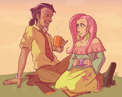 Size: 800x637 | Tagged: safe, artist:tashidelashi, imported from derpibooru, discord, fluttershy, human, age difference, clothes, dilf, discoshy, dress, female, grass, humanized, male, mug, necktie, shipping, straight, suit, watch, wristwatch