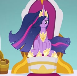 Size: 559x553 | Tagged: safe, imported from derpibooru, screencap, twilight sparkle, alicorn, pony, the last problem, cropped, crown, hoof shoes, jewelry, older, older twilight, peytral, princess twilight 2.0, regalia, solo, throne, twilight sparkle (alicorn)