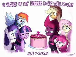 Size: 4096x3095 | Tagged: safe, artist:ringteam, imported from derpibooru, applejack, fluttershy, pinkie pie, rainbow dash, rarity, tempest shadow, twilight sparkle, alicorn, earth pony, pegasus, pony, unicorn, my little pony: the movie, anniversary, broken horn, cake, food, horn, mane six, simple background, twilight sparkle (alicorn), white background