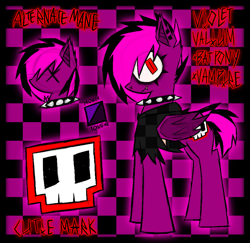 Size: 943x915 | Tagged: safe, artist:xxv4mp_g4z3rxx, imported from derpibooru, oc, oc only, oc:violet valium, bat pony, pony, bat pony oc, checkered background, clothes, collar, cutie mark, ear piercing, eyeliner, fangs, folded wings, hoodie, makeup, piercing, red eyes, reference sheet, solo, spiked collar, torn ear, two toned mane, wings