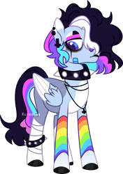 Size: 2100x2988 | Tagged: safe, artist:kurosawakuro, imported from derpibooru, pegasus, pony, bandage, base used, choker, clothes, collar, colored hooves, colored wings, ear piercing, earring, eyeshadow, hoof polish, jewelry, leg warmers, lipstick, makeup, male, necklace, parent:inky rose, parent:rainbow dash, piercing, simple background, solo, spiked choker, spiked collar, stallion, tall, transparent background, two toned wings, wings