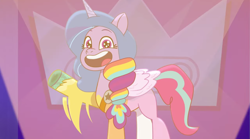 Size: 3300x1836 | Tagged: safe, imported from derpibooru, screencap, izzy moonbow, pony, unicorn, spoiler:g5, spoiler:my little pony: tell your tale, spoiler:tyts01e30, amalgamation, clothes, coat markings, costume, fake wings, g5, implied cupcakes, implied hitch trailblazer, implied pipp petals, implied sunny starscout, implied zipp storm, mix, my little pony: tell your tale, nightmare night costume, nightmare night party, open mouth, open smile, reference, smiling, socks (coat markings), solo, sparkly eyes, the implications are horrible, waving, why, wingding eyes