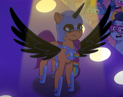 Size: 503x394 | Tagged: safe, imported from derpibooru, screencap, nightmare moon, sunny starscout, earth pony, pony, spoiler:g5, spoiler:my little pony: tell your tale, spoiler:tyts01e30, clothes, costume, female, g5, halloween, halloween costume, holiday, mare, my little pony: tell your tale, nightmare moon costume, nightmare night, nightmare night party, nightmare sunny, plum library