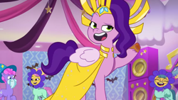 Size: 3300x1856 | Tagged: safe, imported from derpibooru, screencap, pipp petals, earth pony, pegasus, pony, spoiler:g5, spoiler:my little pony: tell your tale, spoiler:tyts01e30, clothes, costume, delightful trifle, eye contact, eyebrows, eyes closed, female, g5, halloween, halloween costume, high res, holiday, looking at each other, looking at someone, male, mare, minty skylark, my little pony: tell your tale, nightmare night party, open mouth, open smile, smiling, smiling at each other, stallion, sugarpuff lilac