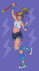 Size: 1183x2160 | Tagged: safe, artist:oleajn, imported from derpibooru, rainbow dash, human, alternate hairstyle, belly button, clothes, converse, female, humanized, leg warmers, medal, open mouth, ponytail, purple background, shoes, short shirt, shorts, simple background, sneakers, solo