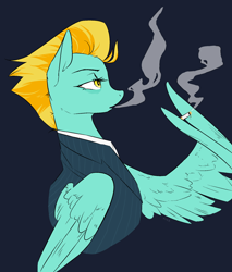 Size: 1700x2000 | Tagged: safe, artist:rice, imported from derpibooru, imported from twibooru, lightning dust, pegasus, pony, bags under eyes, blowing smoke, cigarette, clothes, colored, female, flat colors, holding, image, lidded eyes, looking up, mare, partially open wings, pinstripes, png, shirt, signature, smoke, smoking, solo, suit, wing hands, wing hold, wings