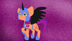 Size: 1735x1000 | Tagged: safe, artist:girlduog, imported from derpibooru, sunny starscout, earth pony, pony, spoiler:g5, spoiler:my little pony: tell your tale, spoiler:tyts01e30, clothes, costume, fake horn, fake wings, female, g5, gradient background, jewelry, mane stripe sunny, multicolored hair, my little pony: tell your tale, nightmare moon armor, nightmare night costume, nightmare night party, nightmare sunny, raised hoof, regalia, solo, that was fast