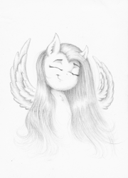 Size: 2200x3048 | Tagged: safe, artist:whiro153, imported from derpibooru, fluttershy, pegasus, pony, female, mare, monochrome, pencil drawing, simple background, smiling, solo, spread wings, traditional art, white background, wings