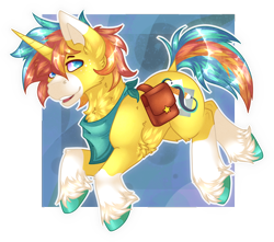 Size: 1564x1381 | Tagged: safe, artist:chvrchgrim, imported from derpibooru, oc, oc only, oc:timid leap, pony, unicorn, bag, male, neckerchief, satchel, smiling, solo, stallion, unshorn fetlocks