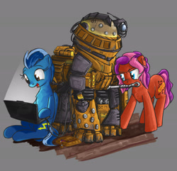 Size: 3000x2888 | Tagged: safe, artist:uteuk, imported from derpibooru, oc, oc only, oc:natrix capefiv, earth pony, pegasus, pony, armor, camera, computer, gray background, laptop computer, science fiction, simple background, wrench