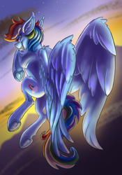 Size: 2100x3000 | Tagged: safe, artist:starcasteclipse, imported from derpibooru, rainbow dash, pegasus, pony, backwards cutie mark, chest fluff, flying, grin, large wings, looking at you, looking back, looking back at you, smiling, solo, underhoof, wings